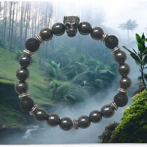 Genuine Hematite and Genuine Lava Stone Tiger Panther Bracelet